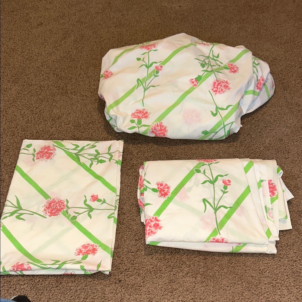 VTG PERMA PREST Sears Floral Bedding Set Pink & Green Design FULL SIZE 3 pieces